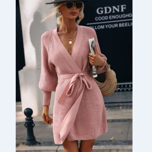 Rib-Knit Lantern Sleeve Belted Sweater Dress - Picture 15 of 16